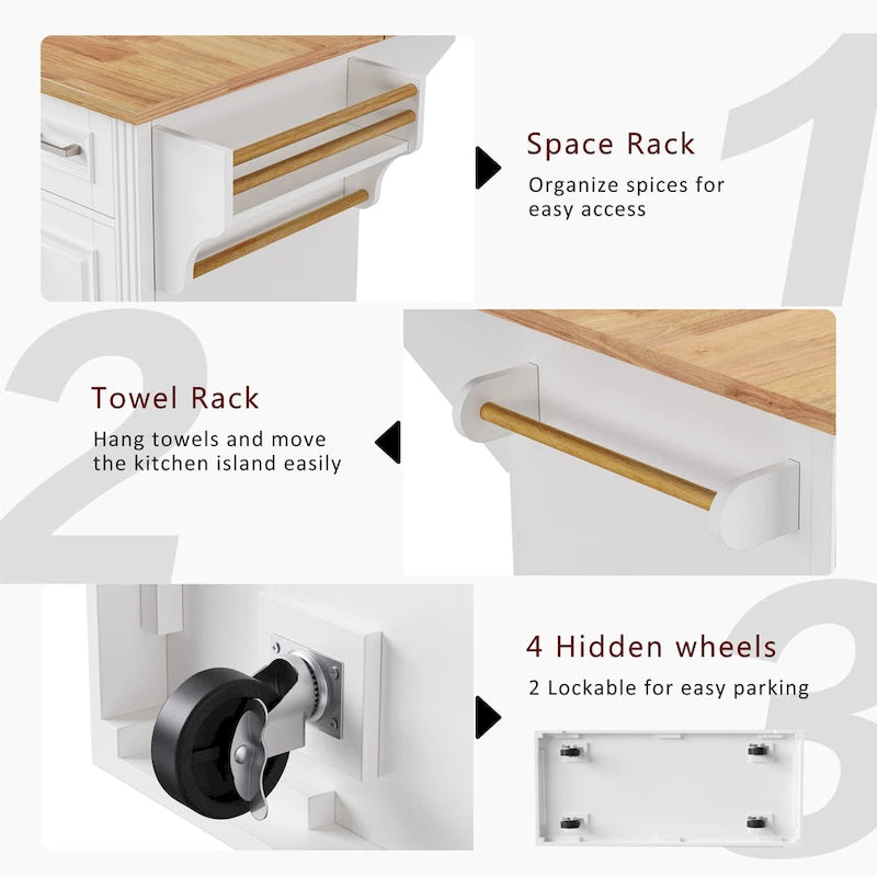 54Inch Large Kitchen Island With Rubber Wood Drop Leaf(no include stool)