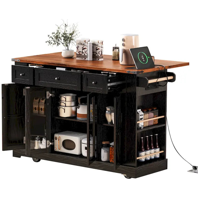 53 Farmhouse Kitchen Island With Two Tempered Glass Cabinet Doors(no include stool)