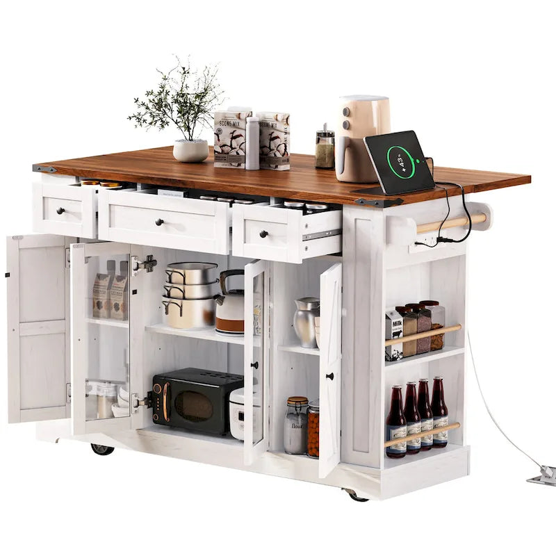 53 Farmhouse Kitchen Island With Two Tempered Glass Cabinet Doors(no include stool)