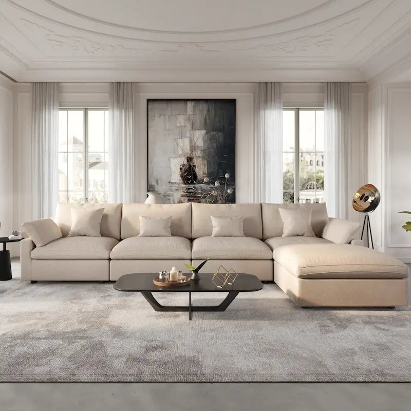 Divano sezionale modulare Cloud Couch con pouf, divano sezionale a L in tessuto misto lino minimalista per soggiorno, Khaki