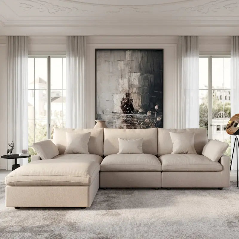 Divano sezionale modulare Cloud Couch con pouf, divano sezionale a L in tessuto misto lino minimalista per soggiorno, Khaki