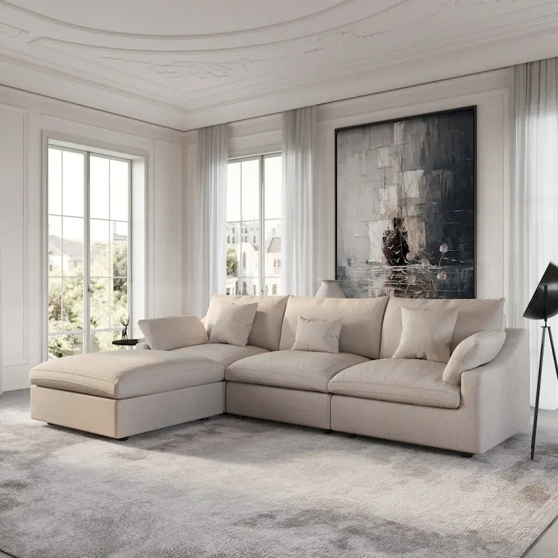Divano sezionale modulare Cloud Couch con pouf, divano sezionale a L in tessuto misto lino minimalista per soggiorno, Khaki