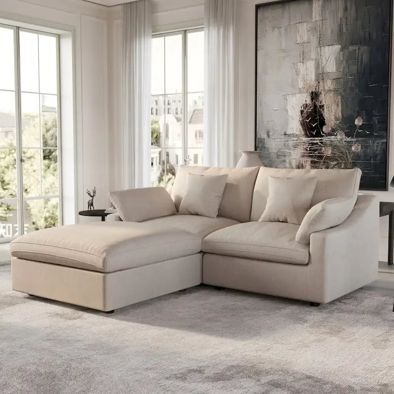 Divano sezionale modulare Cloud Couch con pouf, divano sezionale a L in tessuto misto lino minimalista per soggiorno, Khaki
