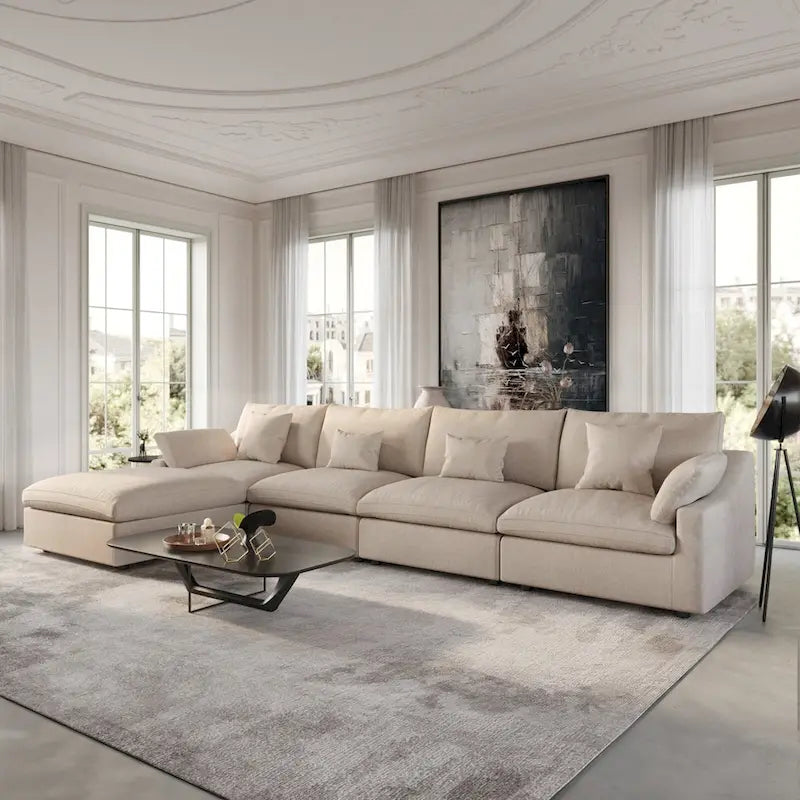 Divano sezionale modulare Cloud Couch con pouf, divano sezionale a L in tessuto misto lino minimalista per soggiorno, Khaki