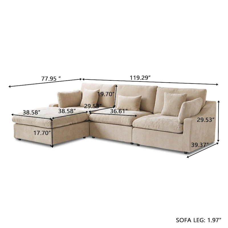 Divano sezionale modulare Cloud Couch con pouf, divano sezionale a L in tessuto misto lino minimalista per soggiorno, Khaki