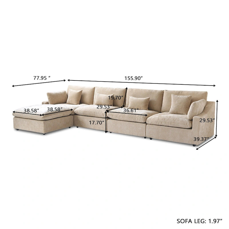 Divano sezionale modulare Cloud Couch con pouf, divano sezionale a L in tessuto misto lino minimalista per soggiorno, Khaki