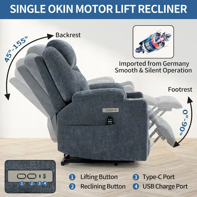 Lazy Boy Chenille Power Lift Recliner Chair, Modern Recliner Chair w/8-Point Vibration Massage, Lumbar Heating and Type-C Ports