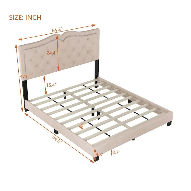 Queen Size Upholstered Bed Frame with Rivet Design, Modern Velvet Platform Bed with Tufted Headboard, Gray