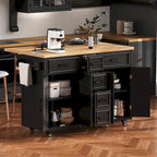 Isola da Cucina con Ruote, Ante a Ribalta e Presa Elettrica, Isola da Cucina da 56,5" con 4 Ante, 5 Cassetti Profondi