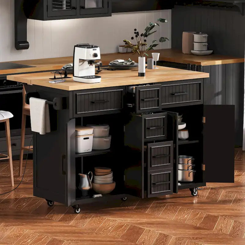 Kitchen Storage Island on Wheels with Drop Leaf & Power Outlet, 56.5 Kitchen Island with 4 Doors, 5 Deep Drawers