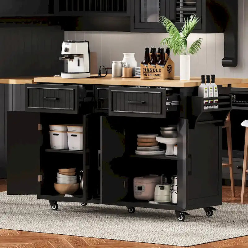 Isola da Cucina con Ruote, Ante a Ribalta e Presa Elettrica, Isola da Cucina da 56,5" con 4 Ante, 5 Cassetti Profondi