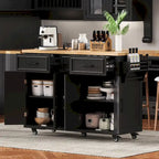 Isola da Cucina con Ruote, Ante a Ribalta e Presa Elettrica, Isola da Cucina da 56,5" con 4 Ante, 5 Cassetti Profondi