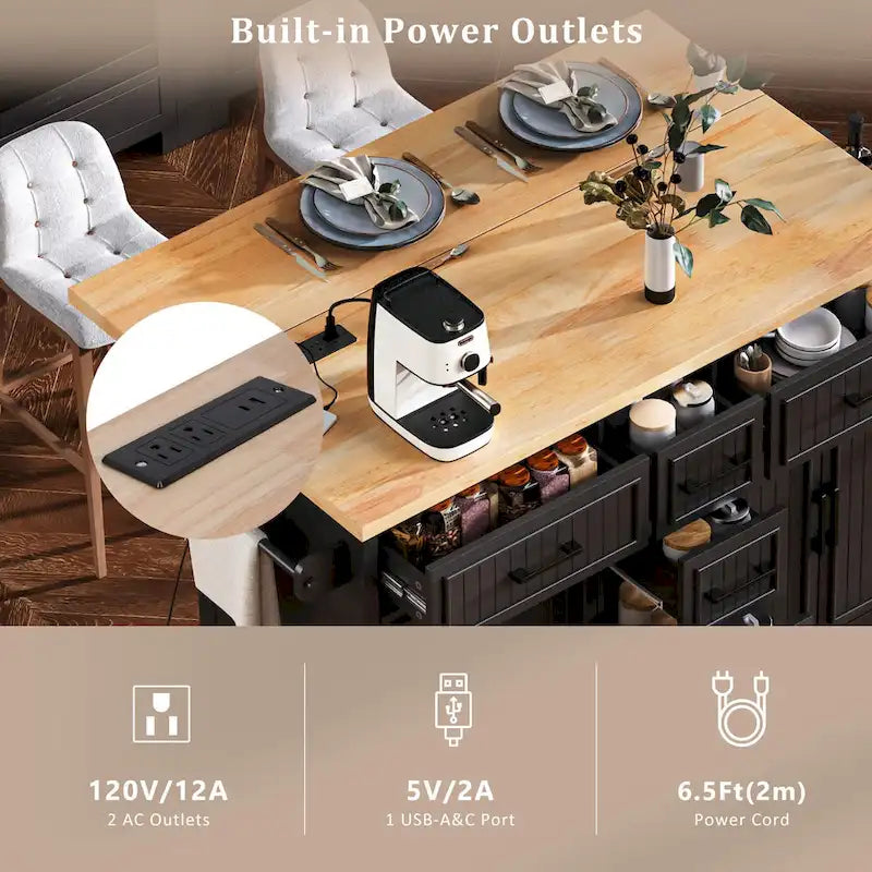 Isola da Cucina con Ruote, Ante a Ribalta e Presa Elettrica, Isola da Cucina da 56,5" con 4 Ante, 5 Cassetti Profondi