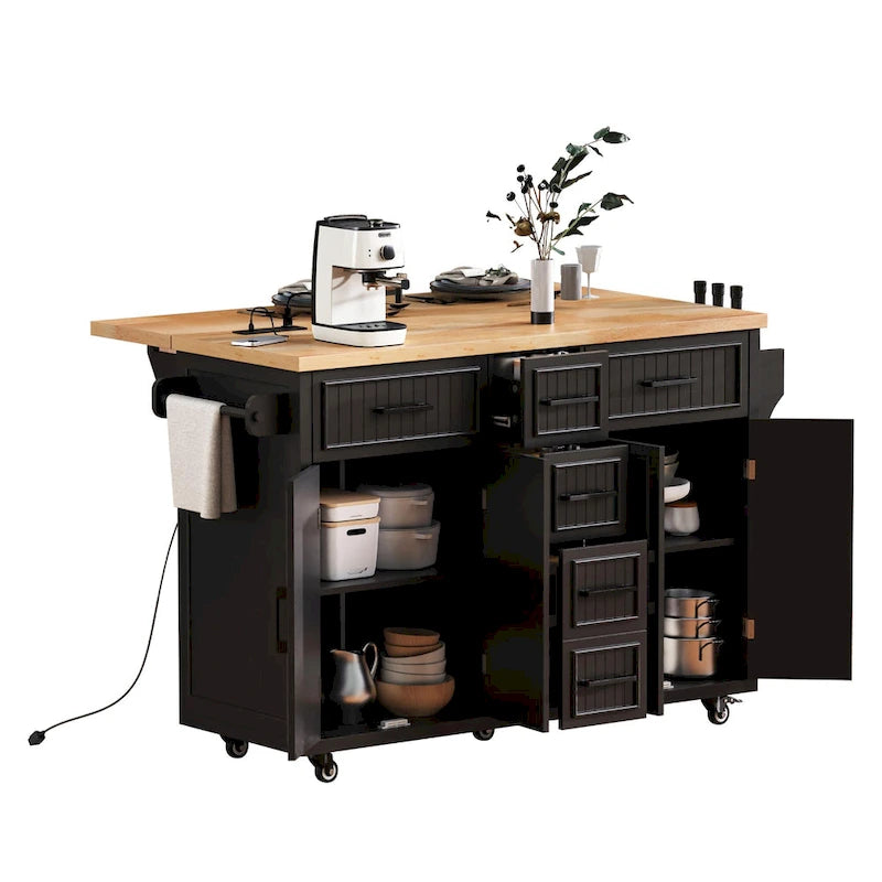 Isola da Cucina con Ruote, Ante a Ribalta e Presa Elettrica, Isola da Cucina da 56,5" con 4 Ante, 5 Cassetti Profondi