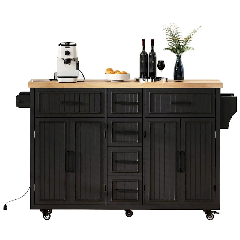 Isola da Cucina con Ruote, Ante a Ribalta e Presa Elettrica, Isola da Cucina da 56,5" con 4 Ante, 5 Cassetti Profondi