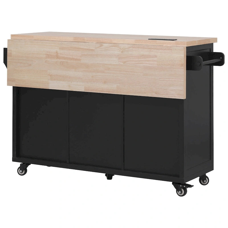 Isola da Cucina con Ruote, Ante a Ribalta e Presa Elettrica, Isola da Cucina da 56,5" con 4 Ante, 5 Cassetti Profondi