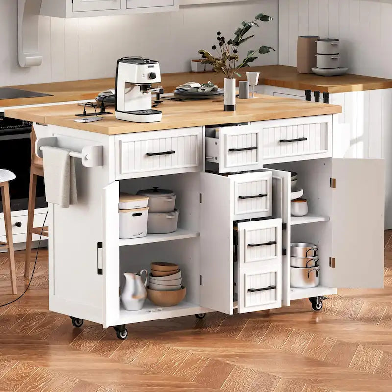 Isola da Cucina con Ruote, Ante a Ribalta e Presa Elettrica, Isola da Cucina da 56,5" con 4 Ante, 5 Cassetti Profondi