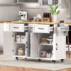 Isola da Cucina con Ruote, Ante a Ribalta e Presa Elettrica, Isola da Cucina da 56,5" con 4 Ante, 5 Cassetti Profondi