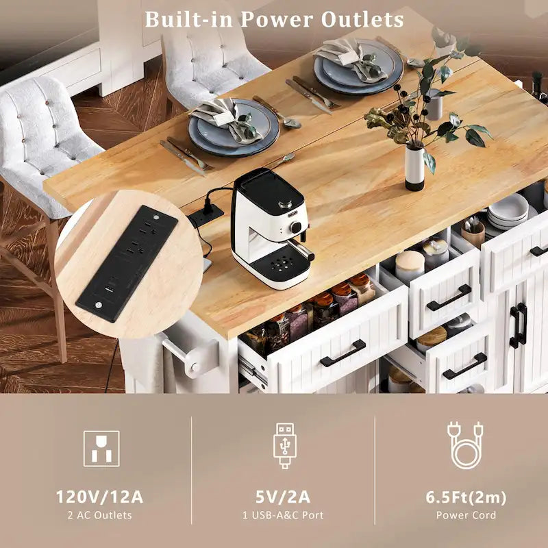 Isola da Cucina con Ruote, Ante a Ribalta e Presa Elettrica, Isola da Cucina da 56,5" con 4 Ante, 5 Cassetti Profondi