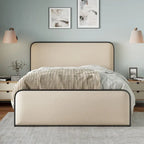 Beige Upholstered Bed Frame with Curved Headboard Footboard, Metal Slat Support Low Profile Platform Bed, Wingback Panel Bed