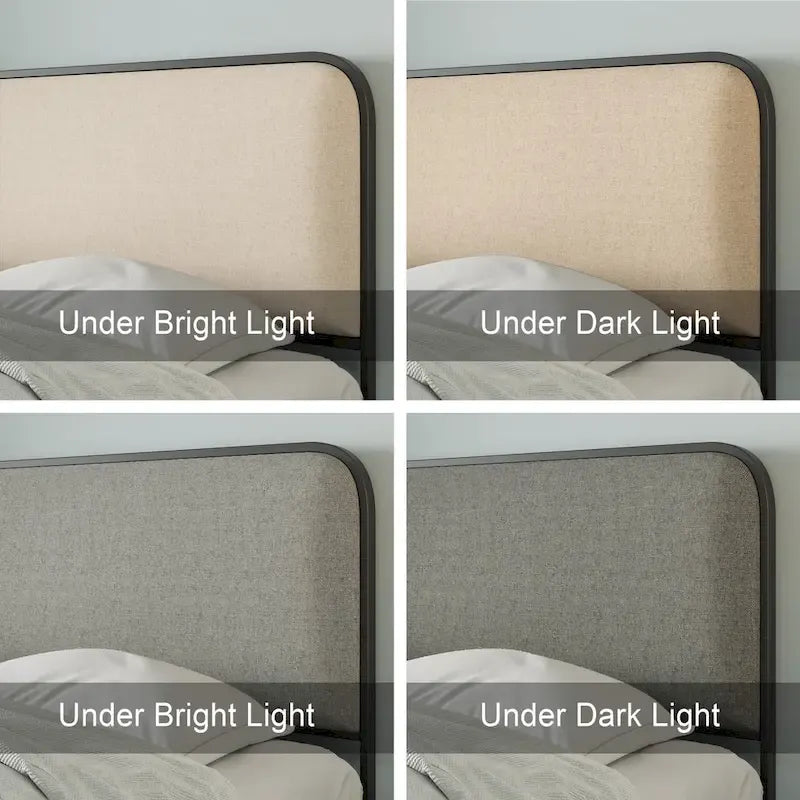 Beige Upholstered Bed Frame with Curved Headboard Footboard, Metal Slat Support Low Profile Platform Bed, Wingback Panel Bed