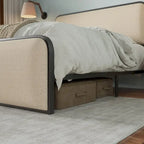 Beige Upholstered Bed Frame with Curved Headboard Footboard, Metal Slat Support Low Profile Platform Bed, Wingback Panel Bed