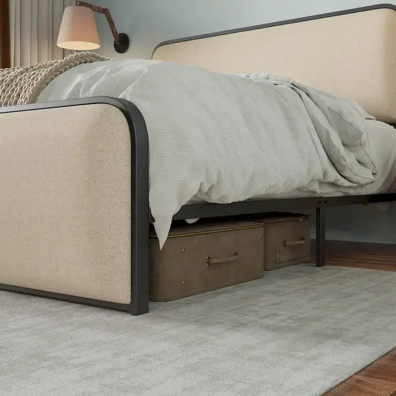 Beige Upholstered Bed Frame with Curved Headboard Footboard, Metal Slat Support Low Profile Platform Bed, Wingback Panel Bed