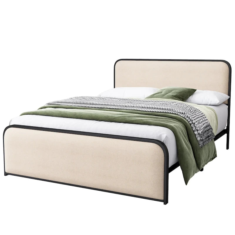Beige Upholstered Bed Frame with Curved Headboard Footboard, Metal Slat Support Low Profile Platform Bed, Wingback Panel Bed