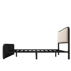 Beige Upholstered Bed Frame with Curved Headboard Footboard, Metal Slat Support Low Profile Platform Bed, Wingback Panel Bed
