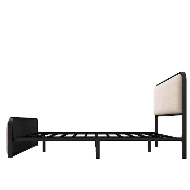 Beige Upholstered Bed Frame with Curved Headboard Footboard, Metal Slat Support Low Profile Platform Bed, Wingback Panel Bed