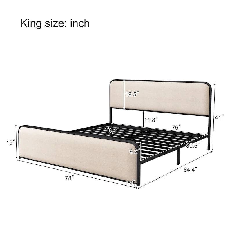 Beige Upholstered Bed Frame with Curved Headboard Footboard, Metal Slat Support Low Profile Platform Bed, Wingback Panel Bed