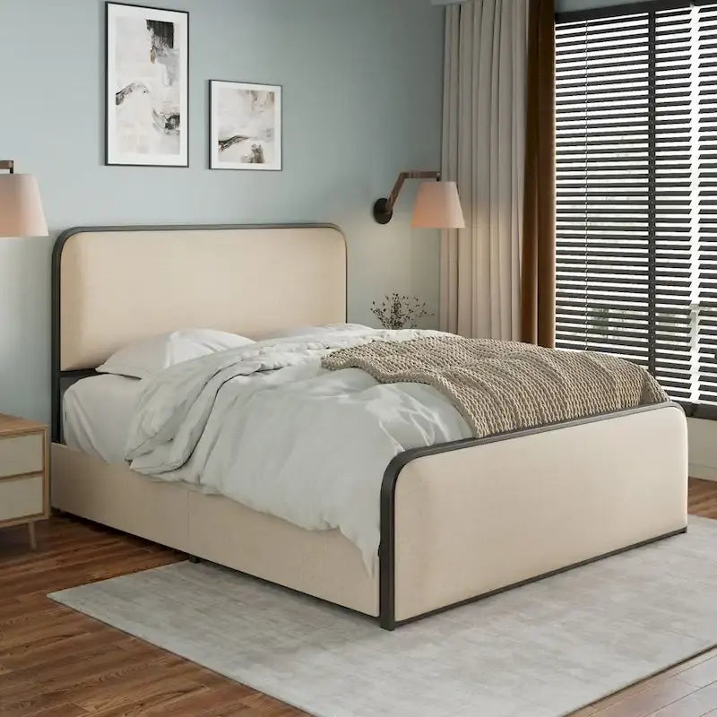 Beige Upholstered Bed Frame with Curved Headboard Footboard, Metal Slat Support Low Profile Platform Bed, Wingback Panel Bed