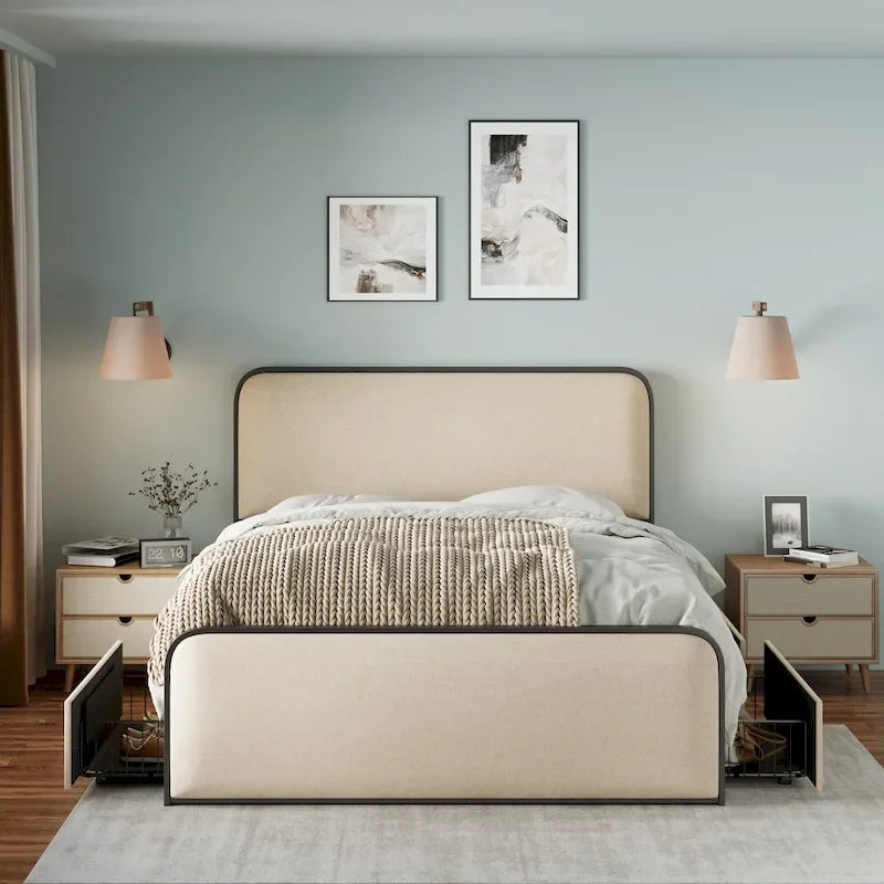 Beige Upholstered Bed Frame with Curved Headboard Footboard, Metal Slat Support Low Profile Platform Bed, Wingback Panel Bed
