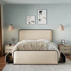 Beige Upholstered Bed Frame with Curved Headboard Footboard, Metal Slat Support Low Profile Platform Bed, Wingback Panel Bed