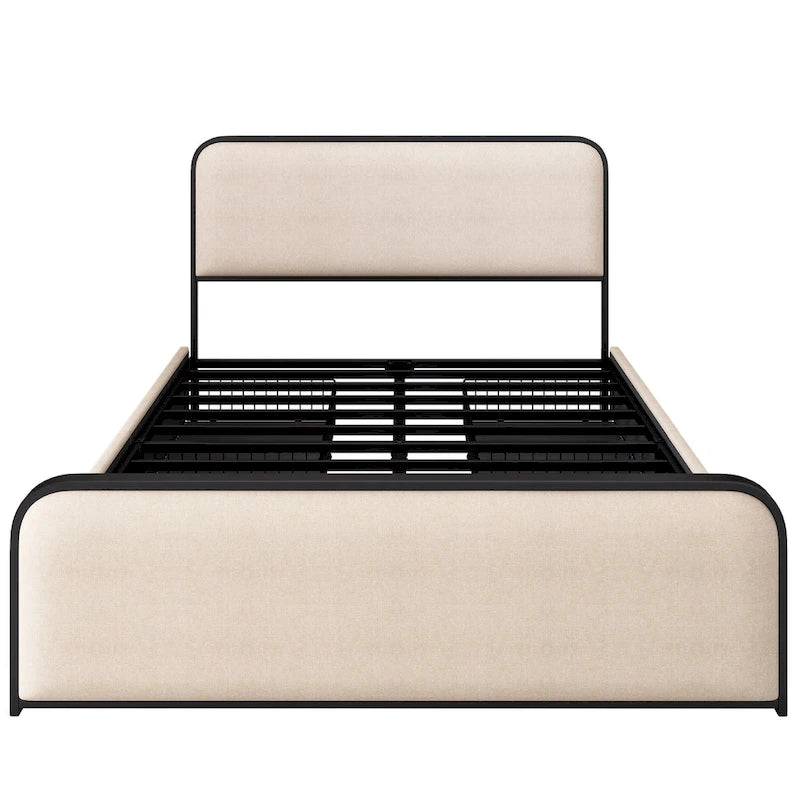 Beige Upholstered Bed Frame with Curved Headboard Footboard, Metal Slat Support Low Profile Platform Bed, Wingback Panel Bed