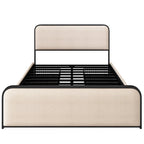 Beige Upholstered Bed Frame with Curved Headboard Footboard, Metal Slat Support Low Profile Platform Bed, Wingback Panel Bed