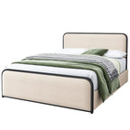 Beige Upholstered Bed Frame with Curved Headboard Footboard, Metal Slat Support Low Profile Platform Bed, Wingback Panel Bed