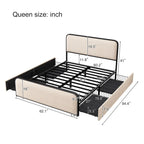 Beige Upholstered Bed Frame with Curved Headboard Footboard, Metal Slat Support Low Profile Platform Bed, Wingback Panel Bed