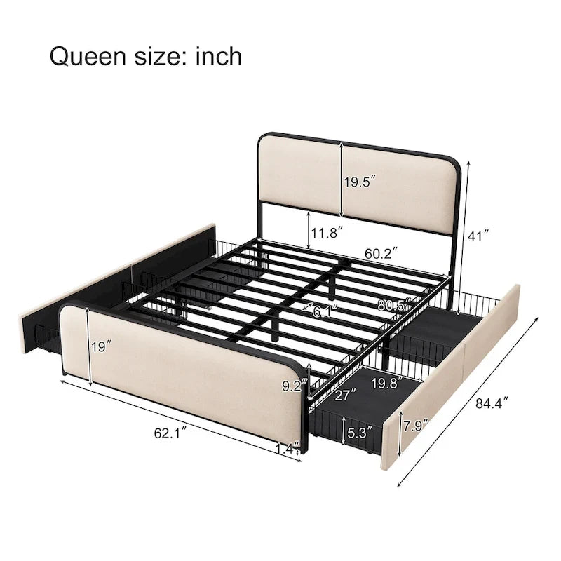 Beige Upholstered Bed Frame with Curved Headboard Footboard, Metal Slat Support Low Profile Platform Bed, Wingback Panel Bed