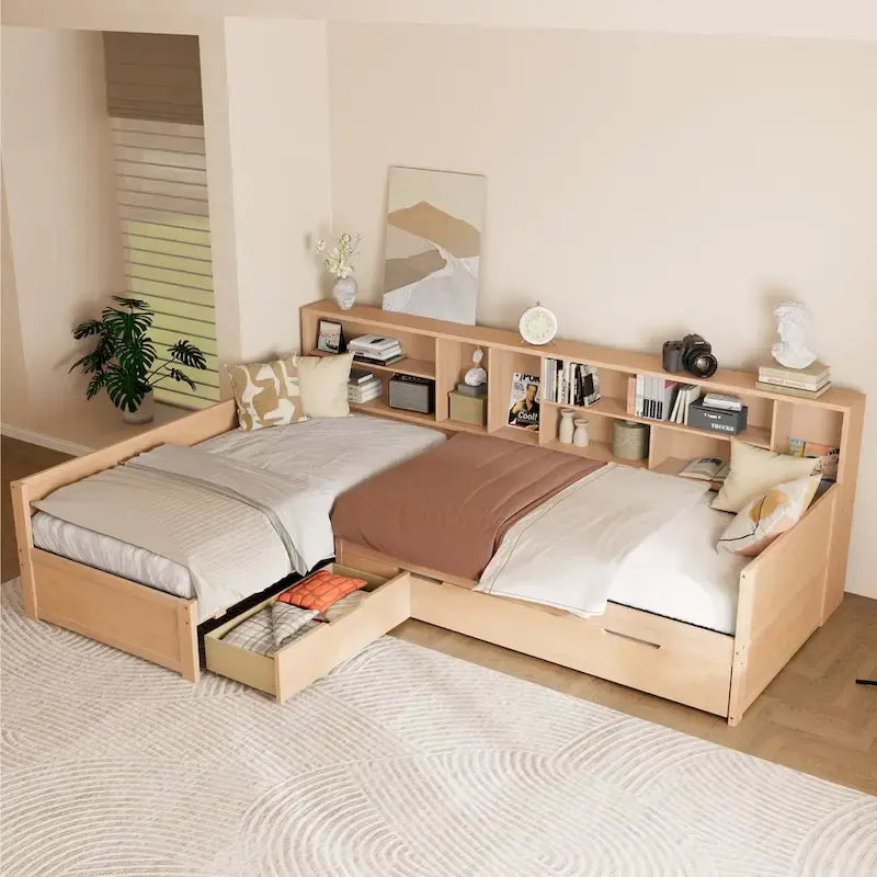 Divano-Letto ad Angolo a L per 3 Persone, Letto a Capitano in Legno Matrimoniale con Librerie, Letto Estraibile e Cassetti Contenitori