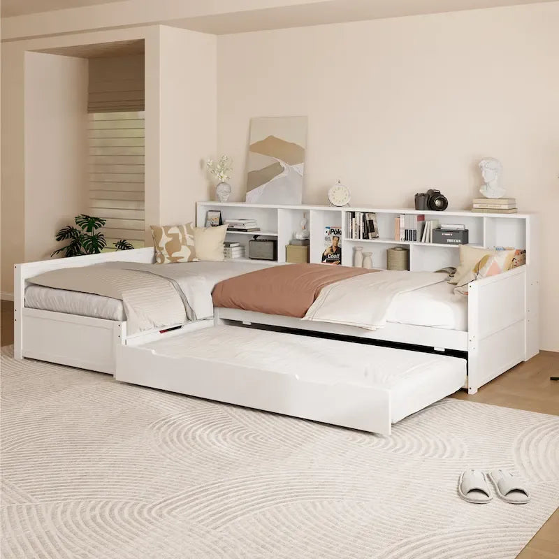 Divano-Letto ad Angolo a L per 3 Persone, Letto a Capitano in Legno Matrimoniale con Librerie, Letto Estraibile e Cassetti Contenitori