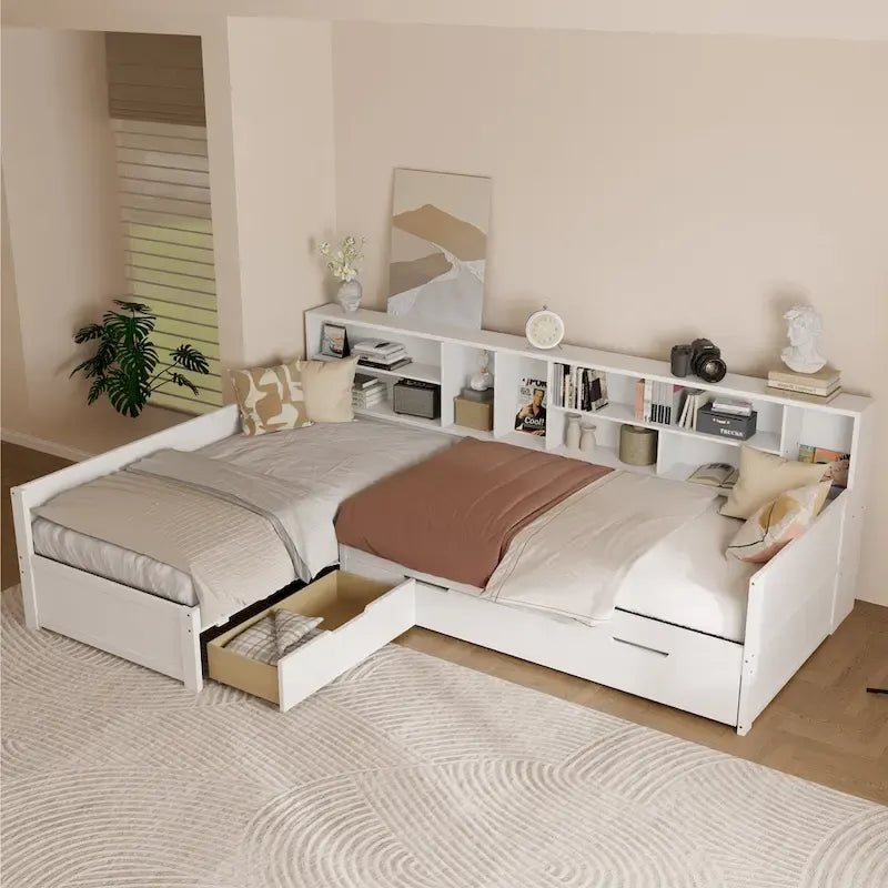 Divano-Letto ad Angolo a L per 3 Persone, Letto a Capitano in Legno Matrimoniale con Librerie, Letto Estraibile e Cassetti Contenitori