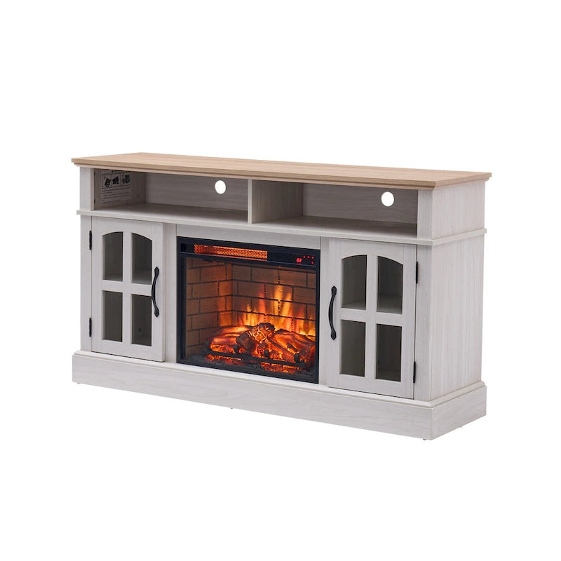 Modern Simple TV Stand with 2 Storage Cabinets and Electric Fireplace for Living Room Home Theater and Bedroom