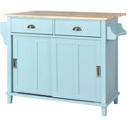 Wood Folding Kitchen Island on Wheels with Adjustable Shelf Storage Cabinet and 2 Drawers, Concealed Sliding Barn Door
