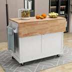 Wood Folding Kitchen Island on Wheels with Adjustable Shelf Storage Cabinet and 2 Drawers, Concealed Sliding Barn Door