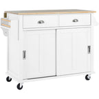 Wood Folding Kitchen Island on Wheels with Adjustable Shelf Storage Cabinet and 2 Drawers, Concealed Sliding Barn Door
