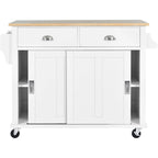 Wood Folding Kitchen Island on Wheels with Adjustable Shelf Storage Cabinet and 2 Drawers, Concealed Sliding Barn Door