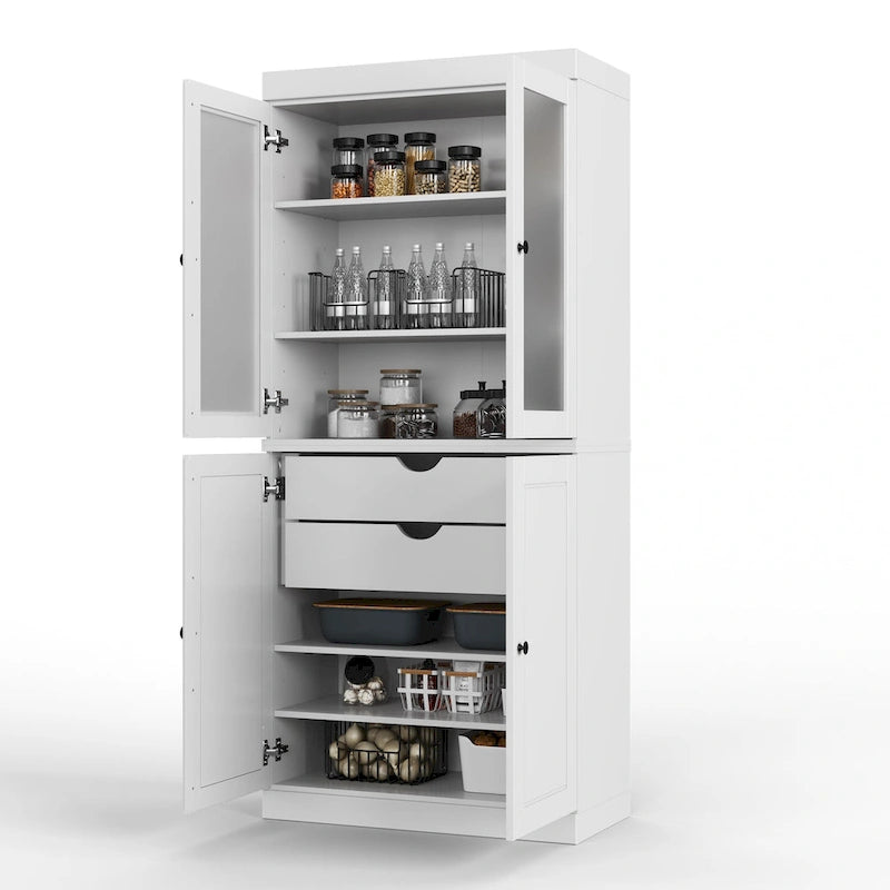Palace Imports 100% Solid Wood Pantry Cabinet with Frosted Glass Doors, Solid Doors, 2-Drawers and Adjustable Shelves