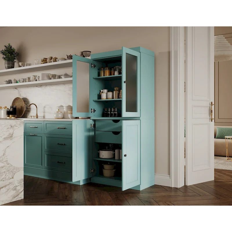 Palace Imports 100% Solid Wood Pantry Cabinet with Frosted Glass Doors, Solid Doors, 2-Drawers and Adjustable Shelves