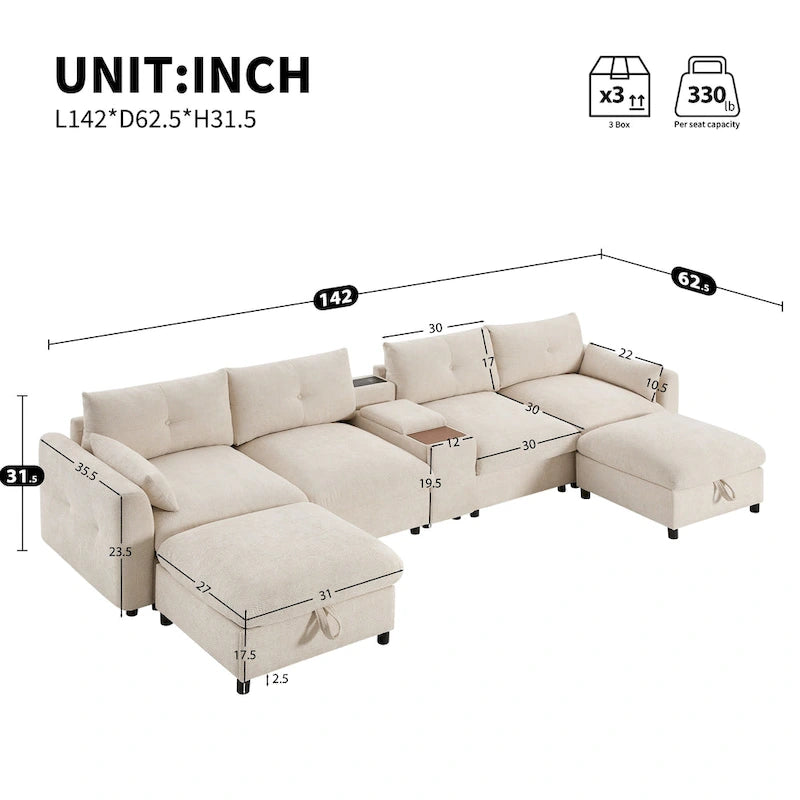 142 Modular U Shaped Sectional Sofa with Storage Ottomans and Console